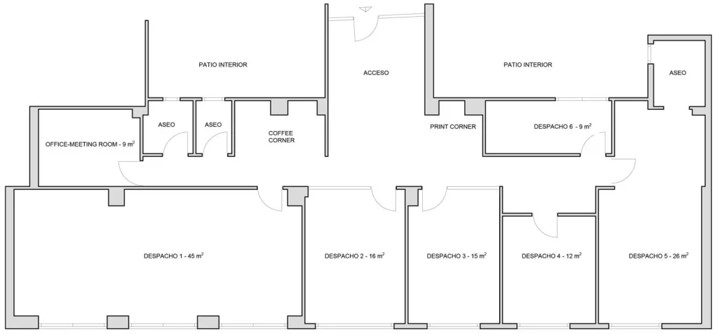 Plano de Oficinas Mercado Central: 6 despachos privados, sala de reuniones, office, zona de impresión y aseos