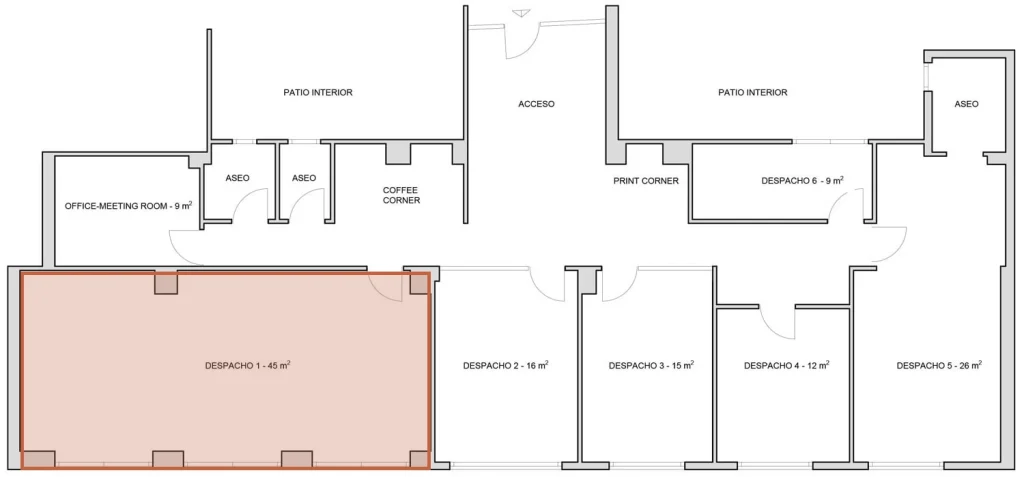 Plano del centro con el despacho 1 resaltado: 45 m² exteriores para hasta 17 personas