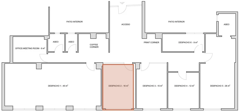 Plano del centro con el despacho 2 resaltado: 16 m² exteriores para 6 personas