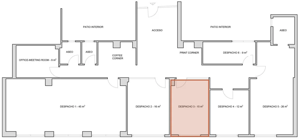 Plano del centro con el despacho 3 resaltado: 15 m² exteriores para 6 personas