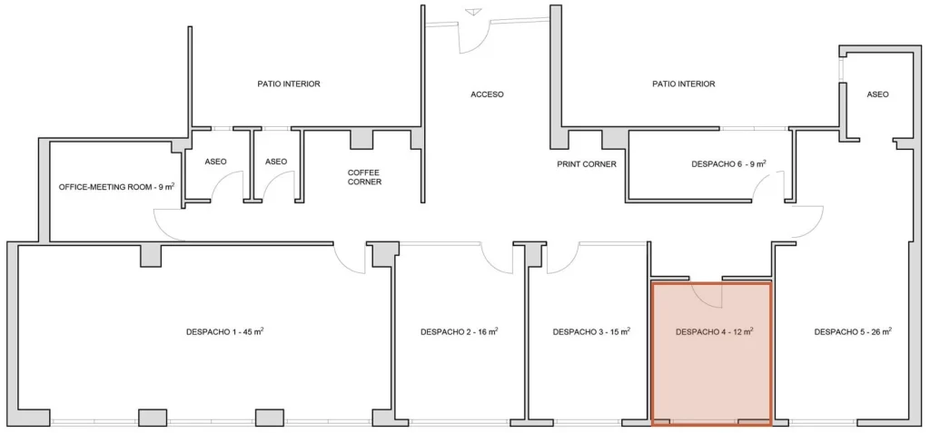 Plano del centro con el despacho 4 resaltado: 12 m² exteriores para 4 personas