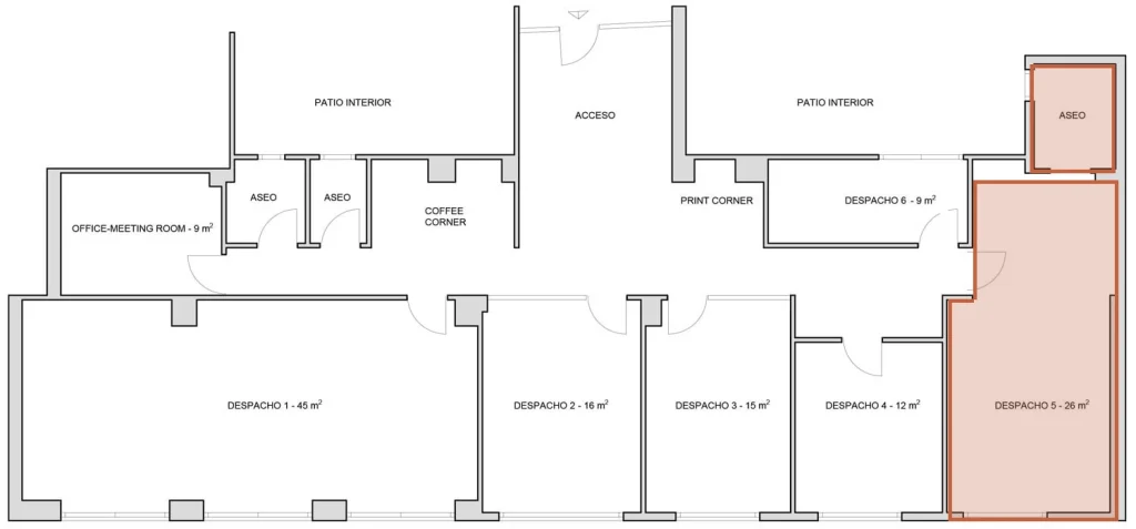 Plano del centro con el despacho 5 resaltado: 26 m² exteriores con aseo privado para 8 personas