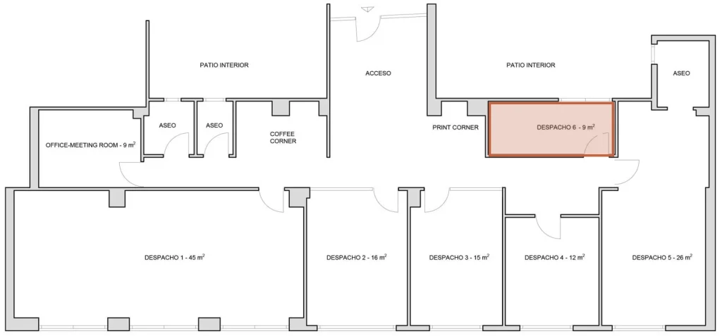 Plano del centro con el despacho 6 resaltado: 9 m² interior para 3 personas
