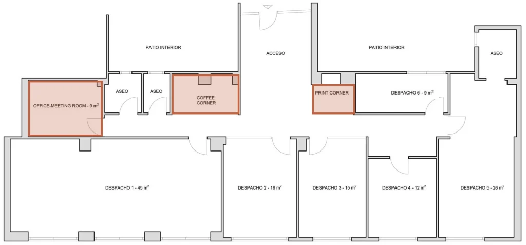 Plano del centro con las zonas comunes resaltadas: sala de reuniones, coffee corner y print corner